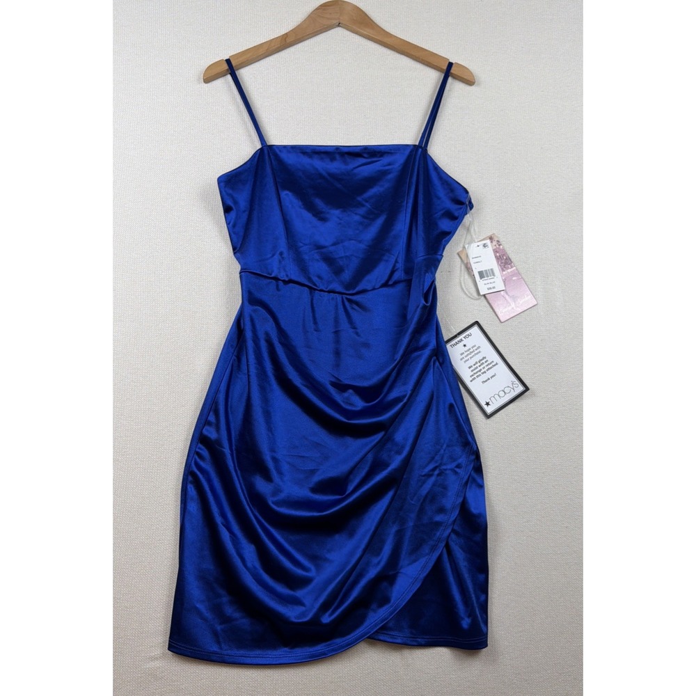 NWT Emerald Sundae Mini Satin Cocktail Party Dress Sz Junior L Royal Blue Ruched